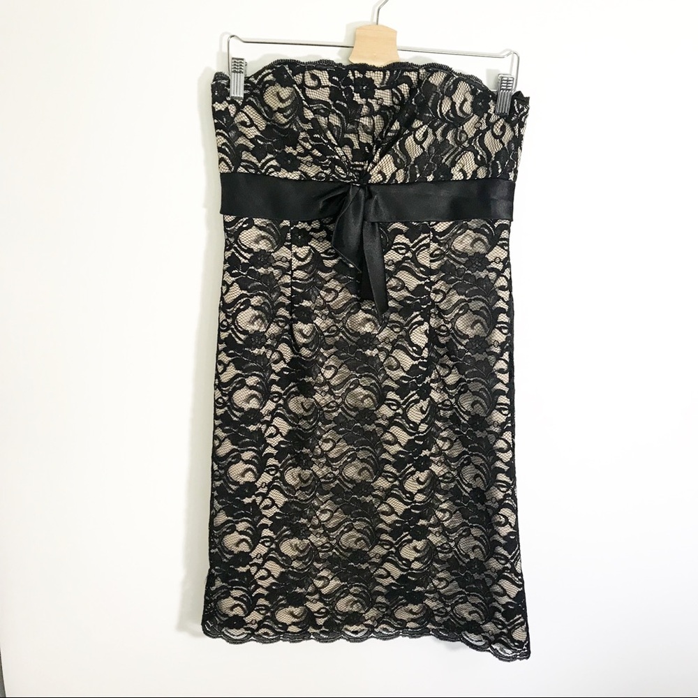 WHBM strapless black lace dress with bow satin